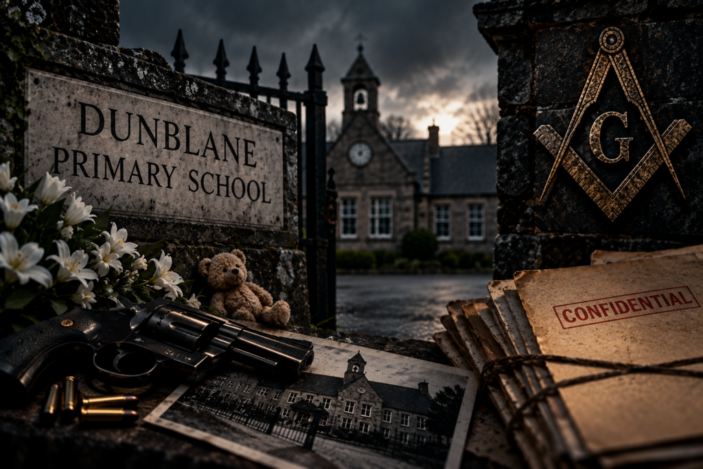 Dunblane Primary School with memorial flowers, confidential files, a handgun and Masonic symbolism representing questions surrounding the Dunblane massacre